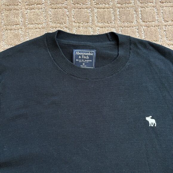 Abercrombie & Fitch Moose Logo Sweater Mens M Black Pima Cotton Preppy Academia - Picture 2 of 7